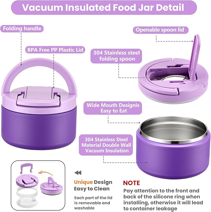 Bento Lunch Box for Kids with 8oz Soup Thermo,Kids Leakproof Lunch Food Containers with 4 Compartment,Kid Insulated Thermo Hot Food Jar for School,Trvael-Purple