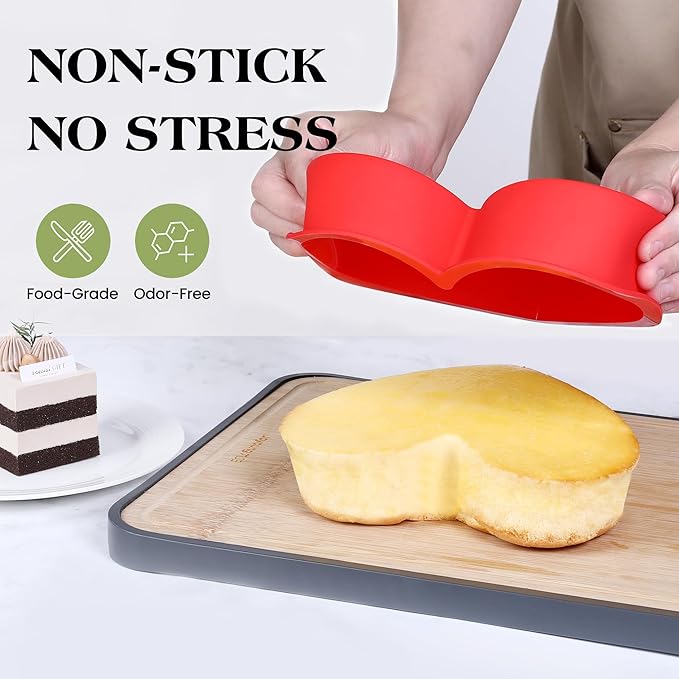 Silicone Heart Shaped Cake Pans 10 Inch Heart Cake Pan Set Nonstick Silicone Heart Molds for Baking (2 Pcs, Red)
