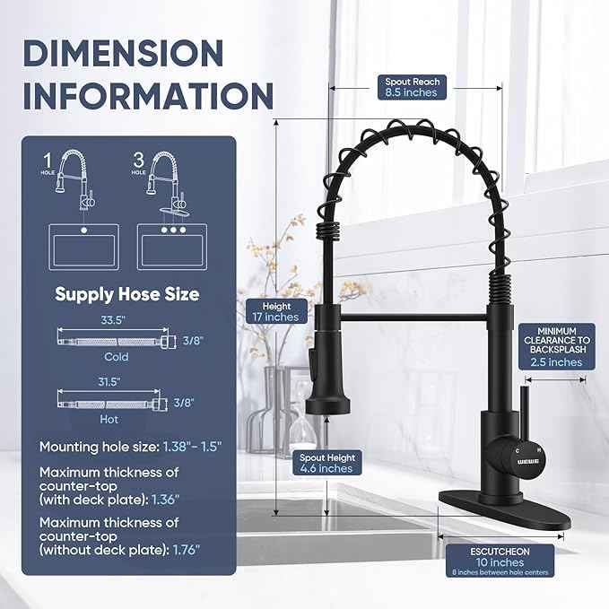Kitchen Faucets with Pull Down Sprayer Commercial Industrial Stainless Steel Single Handle Single Hole Spring Farmhouse RV Sink Faucet, Matte Black Kitchen Faucet for Laundry Utility Room Sink