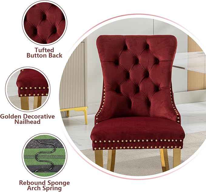 Velvet Dining Chairs Set of 6, Kitchen Chairs Set of 6, Tufted Upholstered Dining Room Chair, Back Ring Pull Trim, Golden Stainless Steel Legs, Wine Red