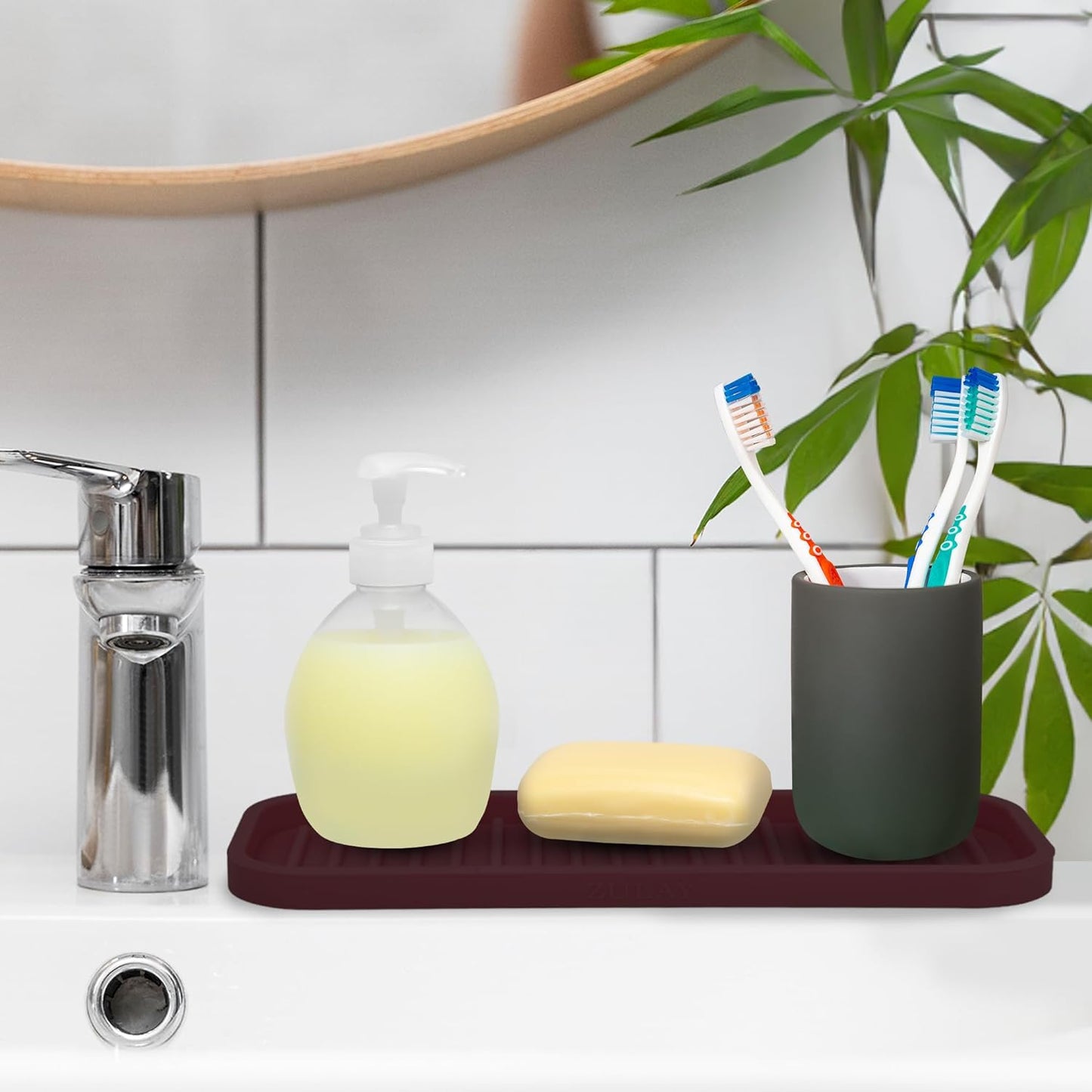 Zulay Kitchen (9x3.5) Silicone Sponge Holder for Kitchen Sink - Flexible Multipurpose Soap Tray - Sink Organizer for Kitchen, Bathroom, Makeup, Trinkets & More (Dark Mahogany)