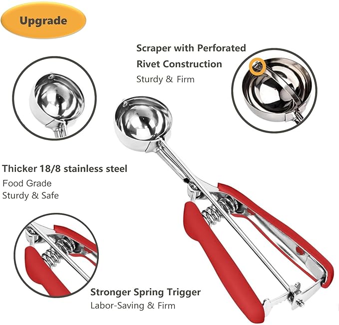 Ice Cream Scoop, Cookie Scoop, 3 Tbsp/ 45 ml/ 1.5 oz Cookie Scoops for Baking, 18/8 Stainless Steel Cookie Scooper for Baking, Ice Cream Scooper with Trigger Release, Cookie Dough Scoop (Red)