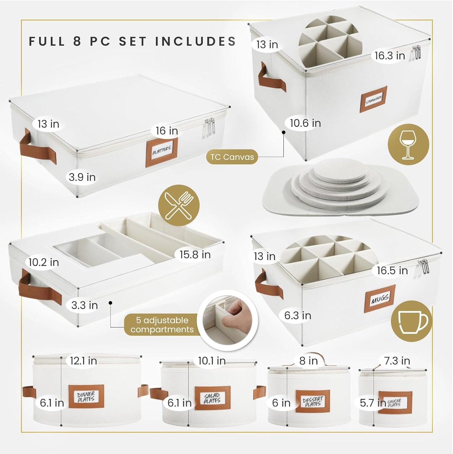 HOMELUX THEORY Hard Shell China Storage Containers, 5pc Ivory Mug & Plate Storage Box, Kitchen Storage Bins With Lids, Heavy Duty Moving Box with Handles for Dishes, Glassware, Stemware, Cup & Mug