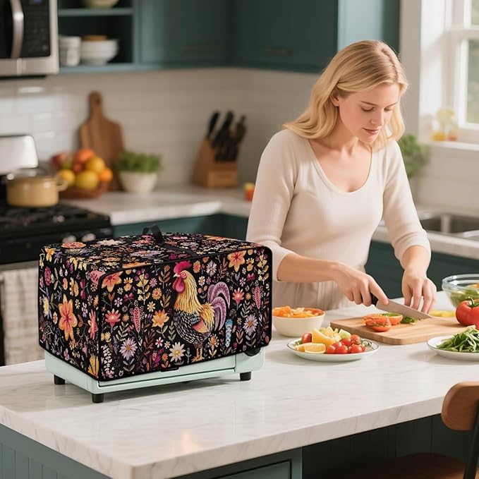 Microwave Oven Cover Air Fryer Toaster Oven Dust Cover with Accessory Pockets, Stain-resistant Small Electric Appliance Protector for Kitchen, S, Rooster Chicken Floral Black