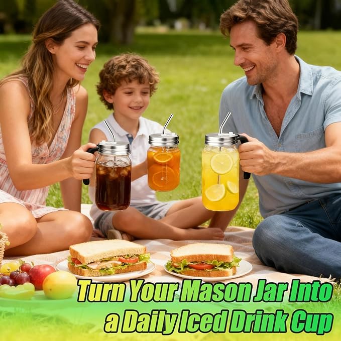 Palksky Mason Jar Lids with Straw Hole & Handle for Regular Mouth Jars, Leak-Resistant Drinking Lids with Extra Silicone Rings, Mason Jar Straw Lids for Iced Coffee, Lemonade, Juice (1 Pack)