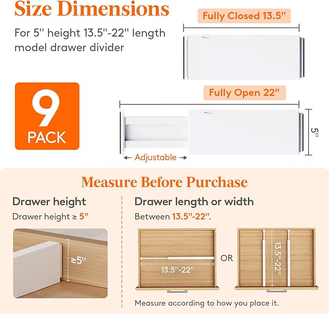 Lifewit 9 Pack 5" High Drawer Dividers 34-56cm/13.5-22" Adjustable Drawer Organizer for Clothes/Utensils, Expandable Drawer Separator in Dresser/Kitchen/Bedroom/Office Organization & Storage White