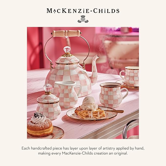 MACKENZIE-CHILDS Enamel Pedestal Platter, Round Cake Stand, Small, Pink-and-White Rosy Check