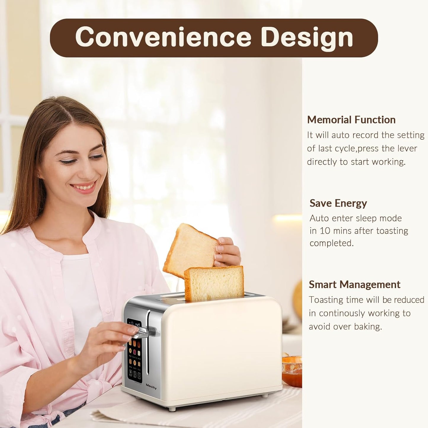 Mecity 2 Slice Touch Screen Toaster, 1.5" Wide Slot, Stainless Steel Smart Toaster for Bagels, Muffins, Waffles, Gluten-Free Breads, Defrost, Reheat, Timer, 120V 825W, Cream Color