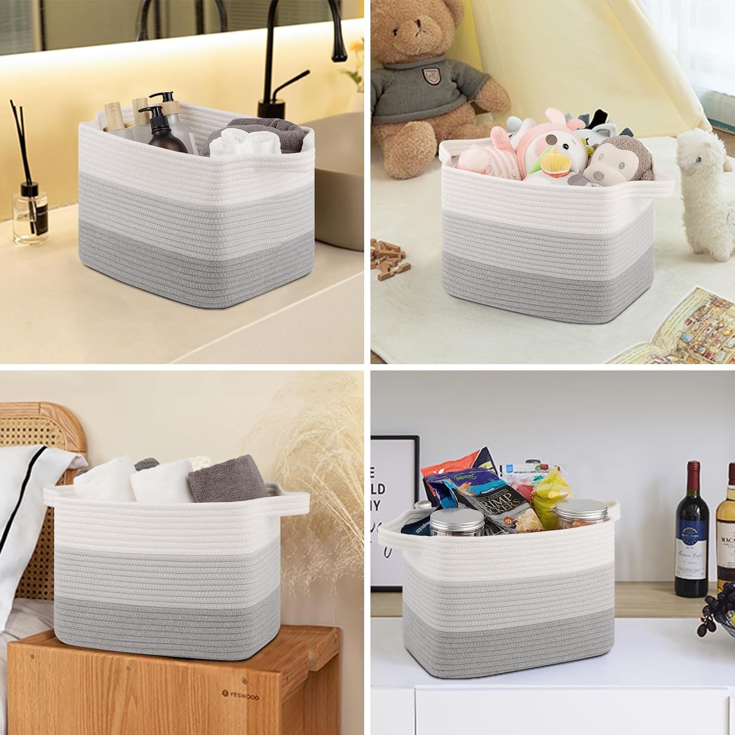 Storage Baskets for Organizing, Woven Baskets for Shelves, Rectangle Decorative Organizer for Storage Clothes, Toy, Books, Towels Nursery Bins 3 Pack (Gradient Grey)