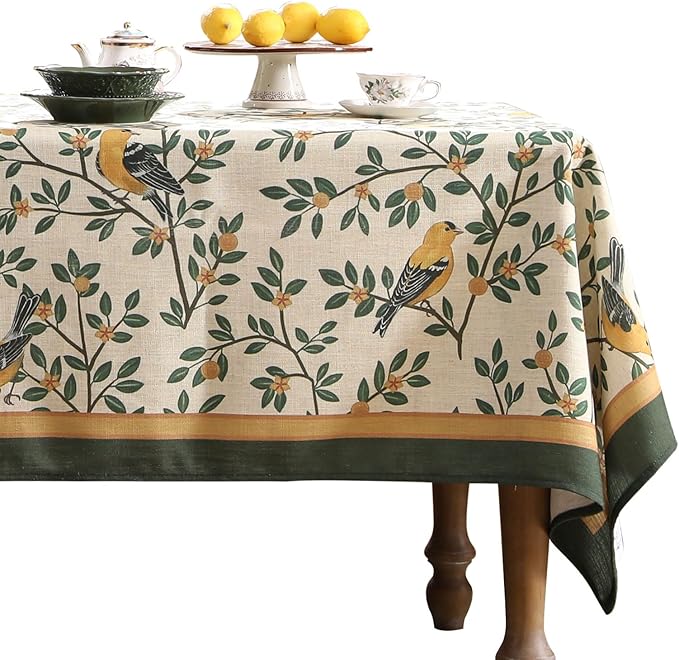 patdrea Designer Vintage French Floral Small Square Tablecloth,Yellow Brids Green Leaves Pattern Linen Table Cloth,Decor Kitchen Dining Holiday Banquet Christmas,Thanksgiving,55"x55"-Warbler