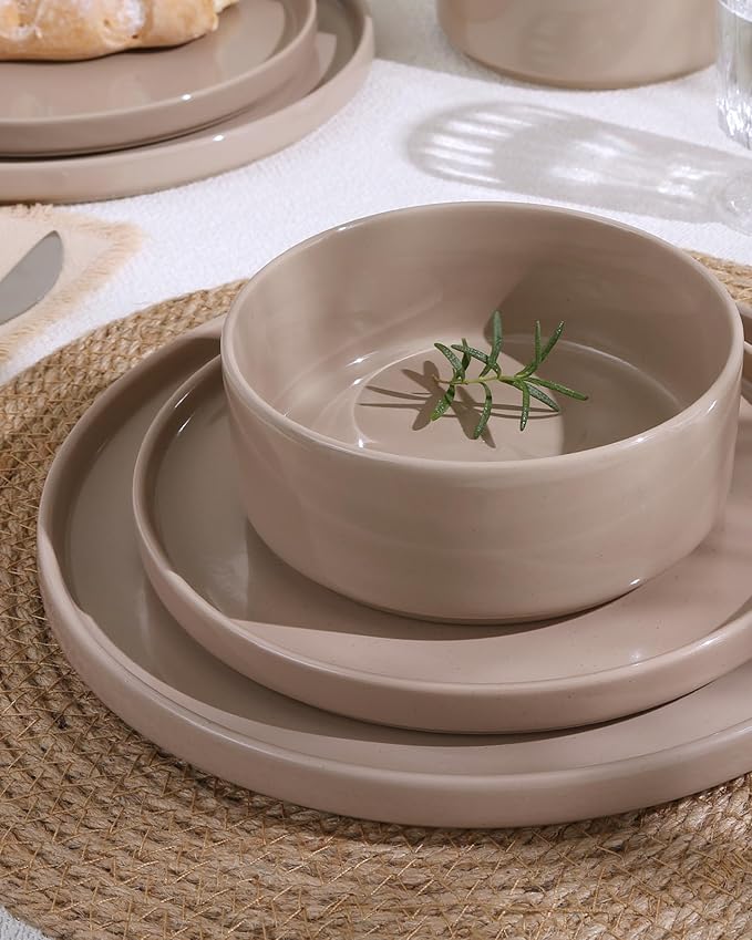 Famiware Nebula Plates and Bowls Set, 12 Pieces Dinnerware Sets, Dishes Set for 4, Cinnamon Brown