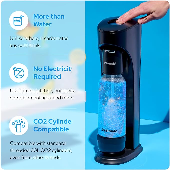 Drinkmate OmniFizz Sparkling Water Maker & Soda Streaming Machine | Carbonates Any Drink | STARTER KIT | Includes One 60L CO2 Cartridge + One BPA-Free Bottle (Matte Black)