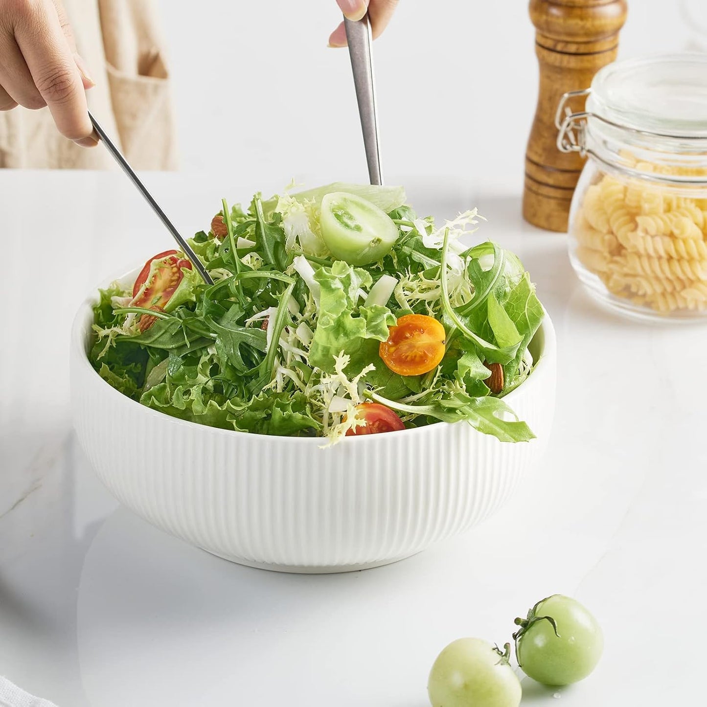 getstar Salad Bowl, 8 inch 60 oz Large Serving 2 Packs Ceramic Bowl Set, Microwave & Freezer Safe, Bowl Set of 2 For Fruit Soup Pasta Popcorn (White)