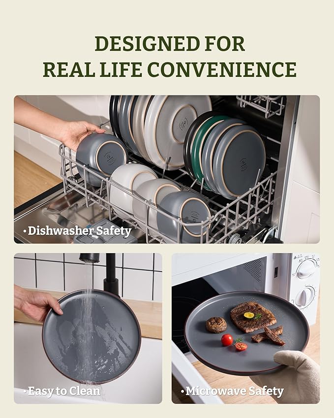 Famiware Mercury Dinnerware Sets with Pasta Bowls, Service for 6 (24 Pieces), Stoneware Plates and Bowls Sets, Microwave and Dishwasher Safe Dishes Set, Charcoal