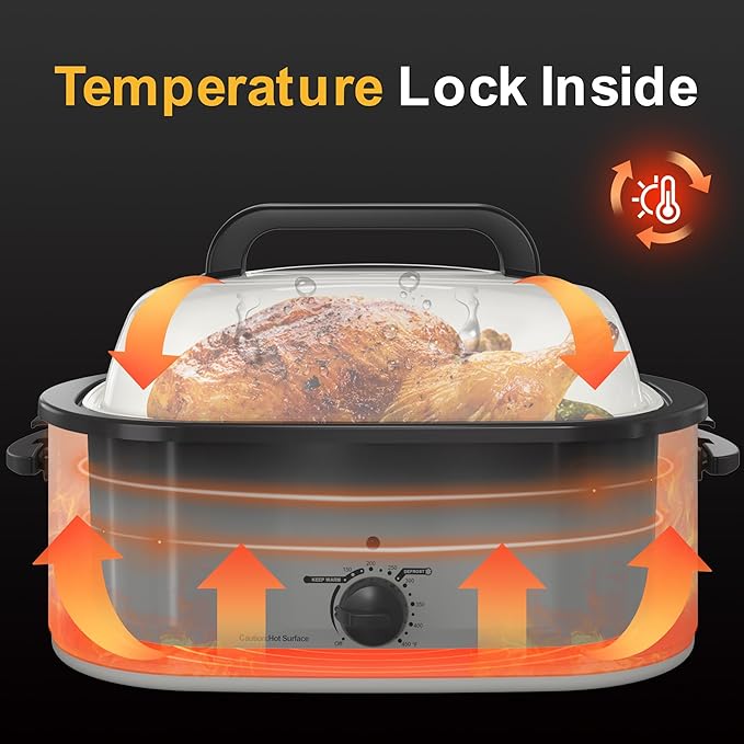 22QT Electric Roaster Oven, Electric Turkey Roaster with Viewing & Self-basting Lid, Stainless Steel Turkey Roaster Oven, White