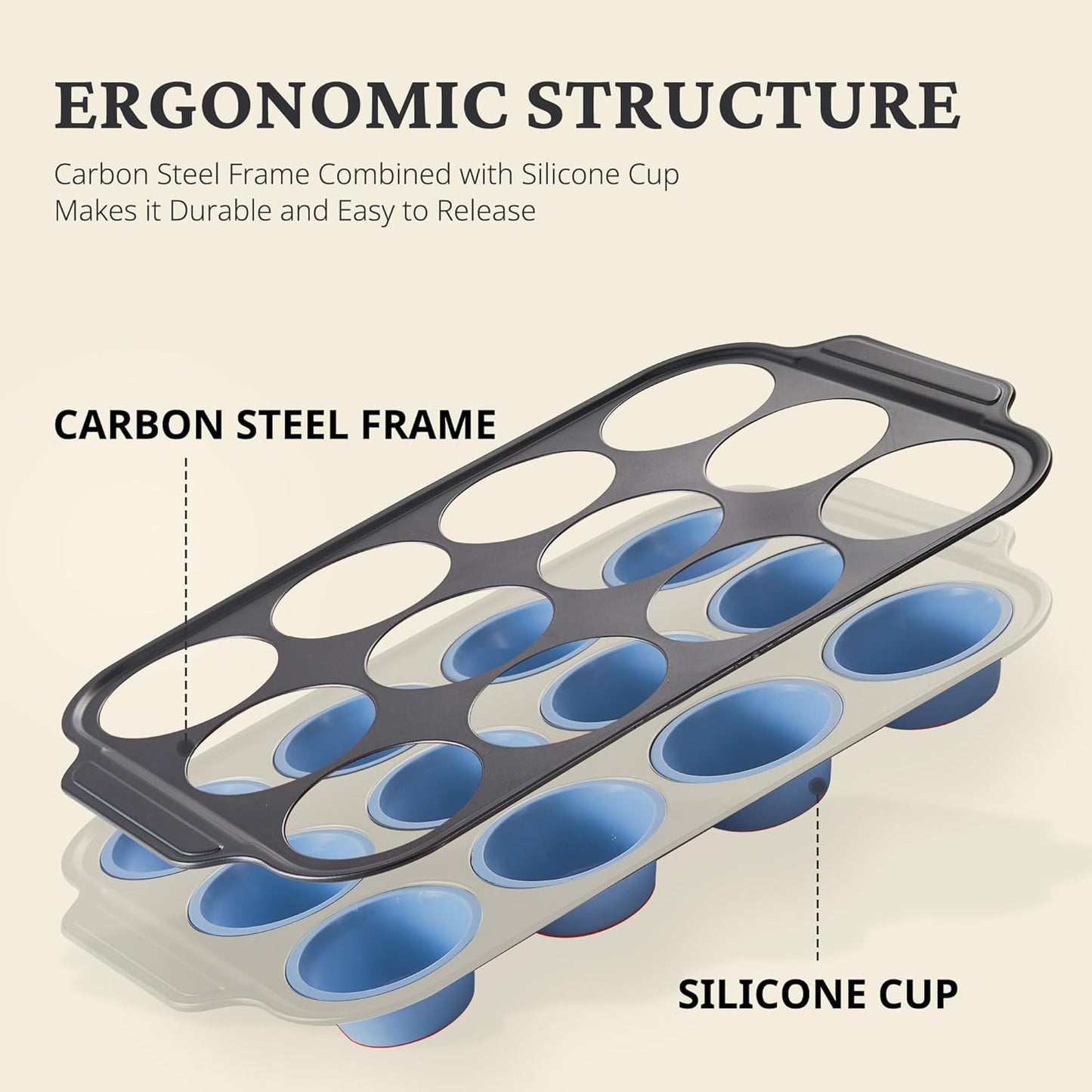 Silicone Muffin Pans for Baking with Metal Frame, Egg Bite Molds, Cupcake Pans 12 Regular Size, Muffin Tins Easy to Pop Nonstick Non Toxic Bakeware for Oven,Blue