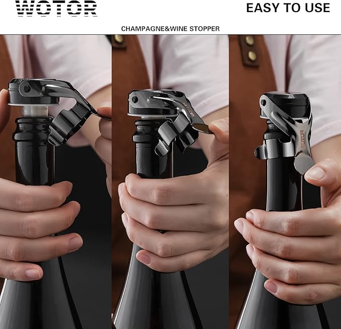 WOTOR Champagne&Wine Bottle Stoppers Stainless Steel with Food Grade Silicone, Leak Proof Keep Fresh Reusable Saver, Cork Suitable for Wine, Champagne, Cava, Prosecco and Sparkling (2 Pack Black）