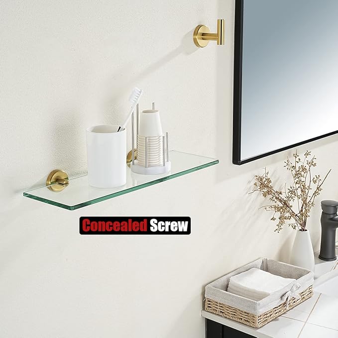 JQK Bathroom Glass Shelf Gold, Tempered Glass Shower Storage 16 by 5 inches, 304 Stainless Steel Brushed Gold Wall Mount, TGS101-BG