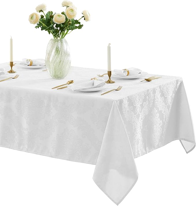 Newbridge Barcelona Luxury Damask Fabric Tablecloth, 52” Wide x 70” Rectangle, White, 100% Polyester, No Iron, Soil Resistant Dining Room, Party and Banquet Table Cover