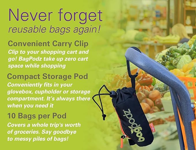 Sturdy Reusable Grocery Bags Foldable and Washable - Made From RipStop Nylon Hold 50lbs - Designed in USA Reusable Shopping Bags Inside a Compact Pod with Carry Clip - 10 Pack in Blue