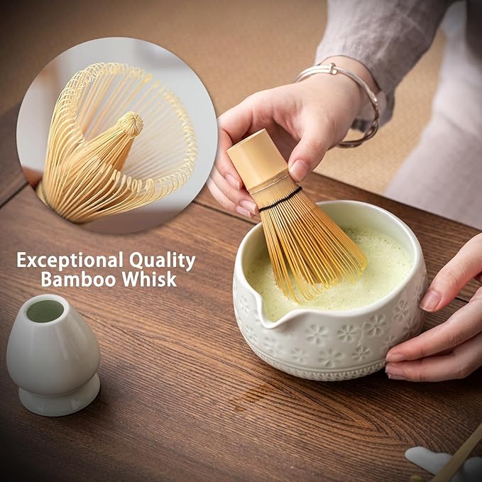Buucup Matcha Whisk Set, Ceramic Matcha Kit Set Includes Matcha Bowl, Matcha Whisk and Holder, Bamboo Scoop, Scoop Rest, Sifter and Tea Towel - 7 Pcs Matcha Kit for Matcha Lovers (Mint)