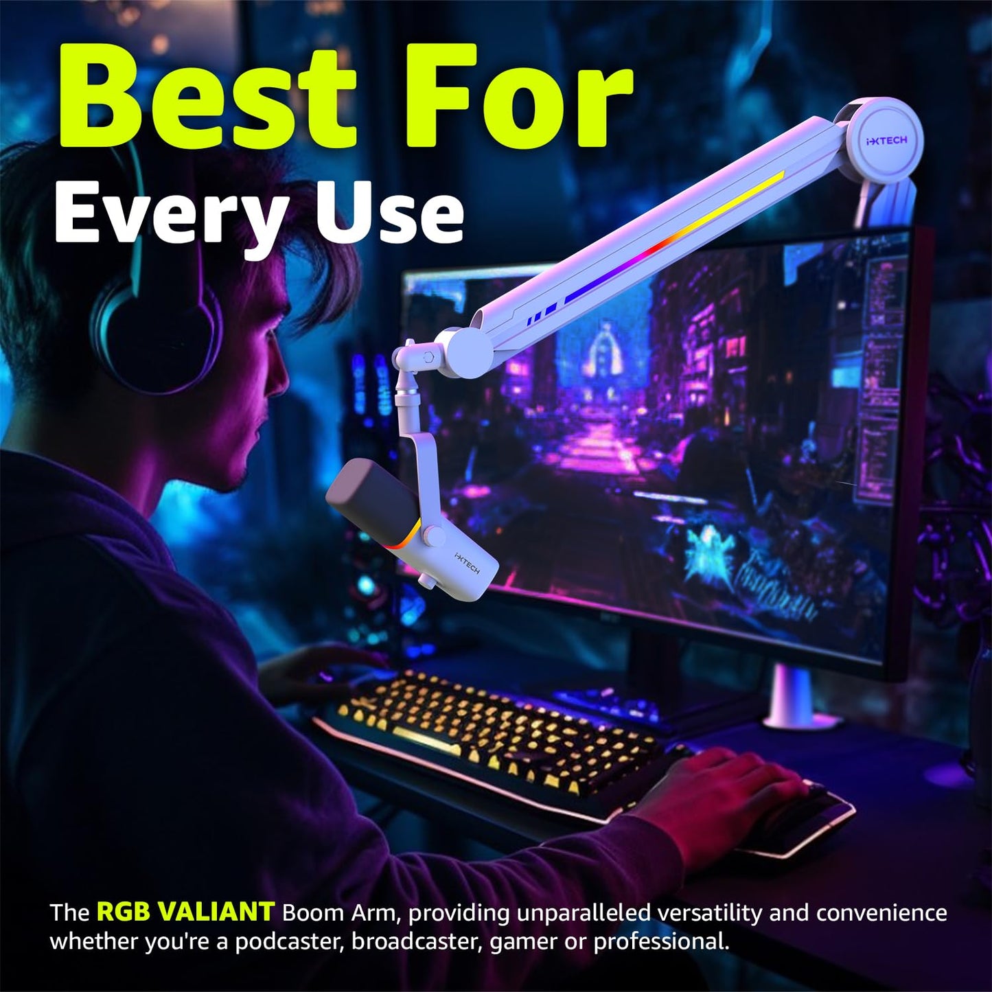 IXTECH RGB Mic Boom Arm High Profile, Overhead Boom Arm Microphone Stand Desk Mount, Adjustable Microphone Stand with Desk Mount, Mic Arm for Live Streaming Gaming Podcasting Recording (White)