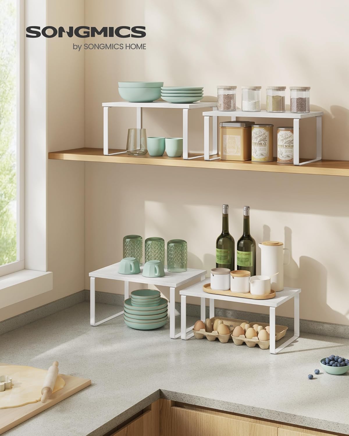 SONGMICS Cabinet Organizer Shelf, Set of 2 Kitchen Counter Shelves, Kitchen Storage, Spice Rack, Stackable, Expandable, Metal and Engineered Wood, Cloud White and Snow White UKCS02W01