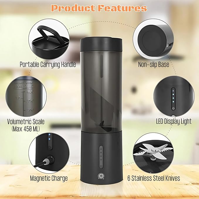 Portable Juicer Blender, USB Rechargeable Smoothie Maker with 6 Upgraded Blades and 4000mAh Battery, 450ml/15oz Capacity, Ideal for Smoothies, Protein Shakes, Travel and Office (White)