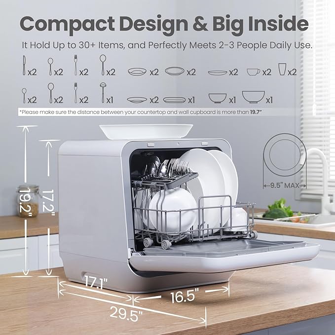COMFEE' Portable Mini Dishwasher Countertop with 5L Built-in Water Tank for Apartments& RVs, No Hookup Needed, 6 Programs, 360° Dual Spray, 162℉ High-Temp& Air-Dry Function