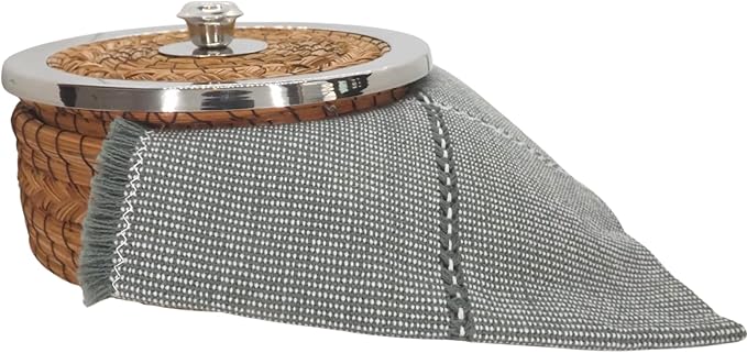 Authentic Mexican Tortilla Warmer Basket - Pine Needle Handwoven with Handloomed Cloth (7" Metal Rim w cloth)