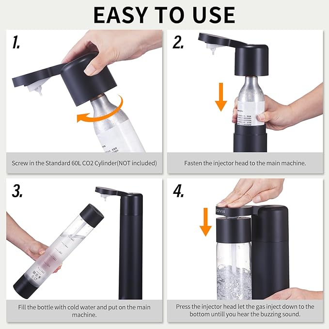 Sparkling Water Machine Soda Maker Beverage Drink Dispenser for Home, Soda Streaming Maker with 2 BPA Free Bottles(1L), Seltzer Fizzy Water Maker Compatible with Screw-in 60L CO2 (NOT Included), Black