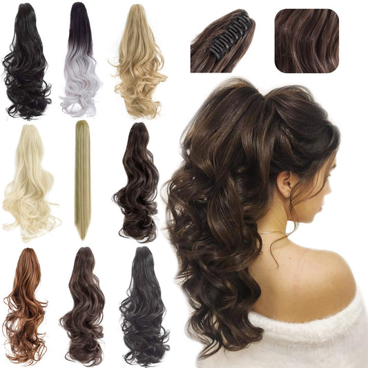 FELENDY Ponytail Extension Claw 18" 20" Curly Wavy Straight Clip in Hairpiece One Piece A Jaw Long Pony Tails for Women (Ash Blonde,Straight)