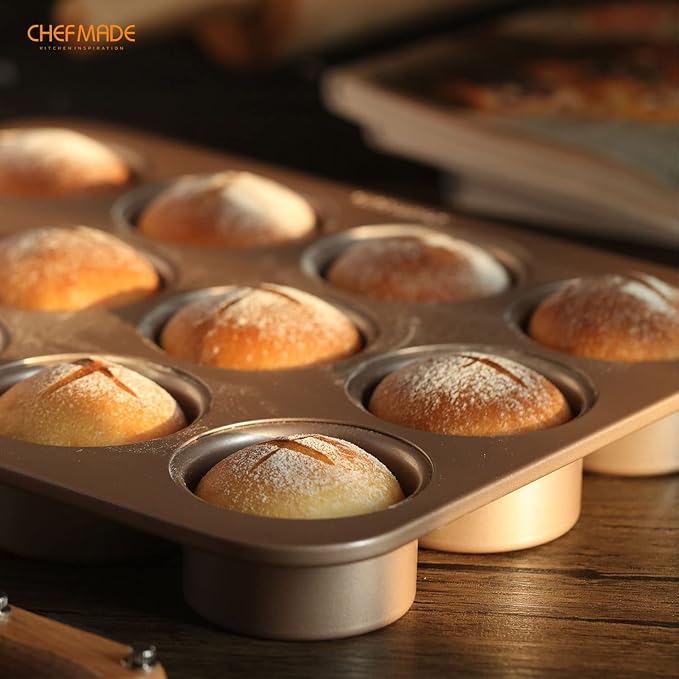 CHEFMADE Muffin Cake Pan, 12-Cavity Non-Stick Bristish Cupcake Pan Bakeware for Oven Baking (Champagne Gold)