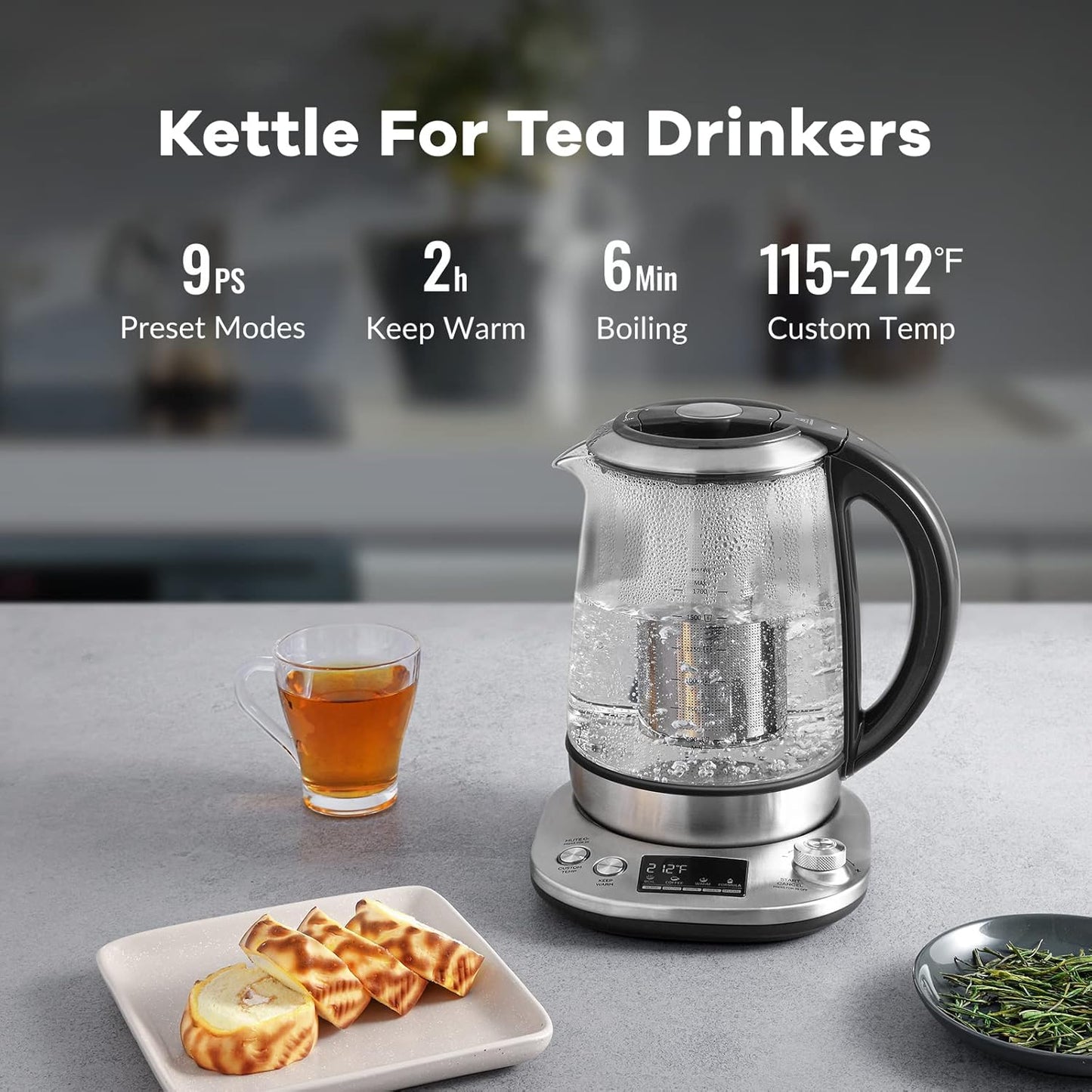 Mecity Electric Tea Kettle with Removable Infuser, 9 Preset Brewing Programs, Temperature Control, 2 Hours Keep Warm, Borosilicate Glass, 1.7 Liter, 1200W