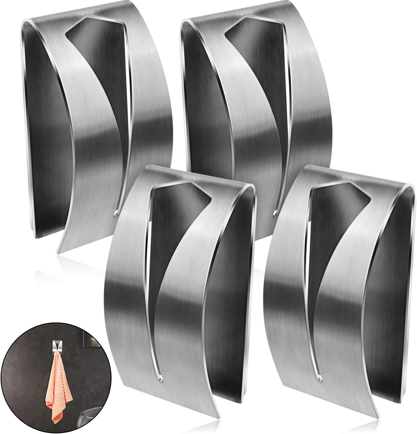 Boao 4 Pcs Self Adhesive Towel Hook Holder Grabber Stainless Steel Kitchen Dish Towel Hook Wall Mount Non Drilling Hangers Rack Hand Tea Holders for Bathroom Accesories Kitchen Gadgets (Silver)