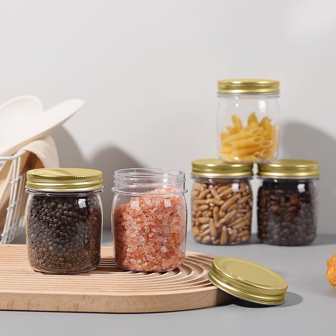 novelinks 8 oz Clear Plastic Jars with Airtight Lids, 8 Pack Plastic Mason Jars with Lids 8oz, Refillable Storage Slime Containers & Small Spice Jar for Kitchen Organization (8 Pack,Gold)