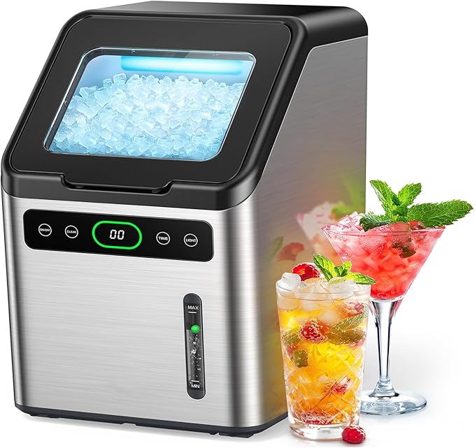 Totnz Nugget Ice Maker Countertop, 44lbs per Day with Self-Cleaning Function，Timer Pebble Ice Maker with Soft Chewable Ice for Home Kitchen Office Bar Party,Stainless Steel