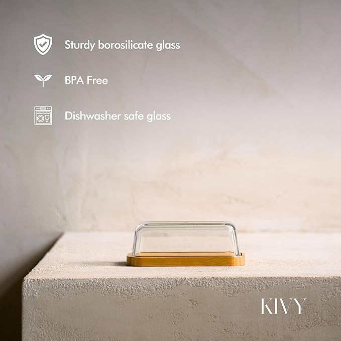 KIVY Glass butter dish with airtight lid that keeps butter soft - For countertop and refrigerator door shelf - Butter tray with lid fridge - Butter holder for counter - Covered butter dishes