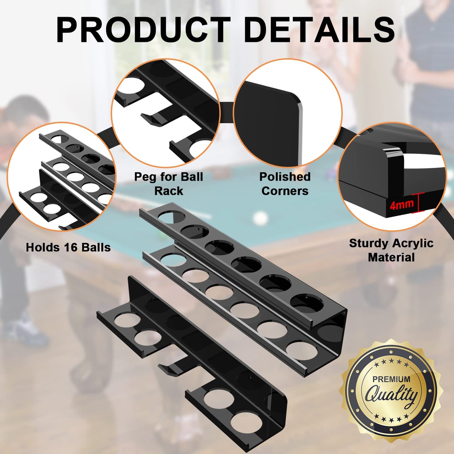 Cosmos Acrylic Billiard Ball Storage Shelf Set Pool Ball Wall Mount Rack Pool Accessory Wall Holder for 16 Balls Billiard Pool Ball Cue Ball Billiard Ball Rack in Billiard Room Bar (Solid Black)