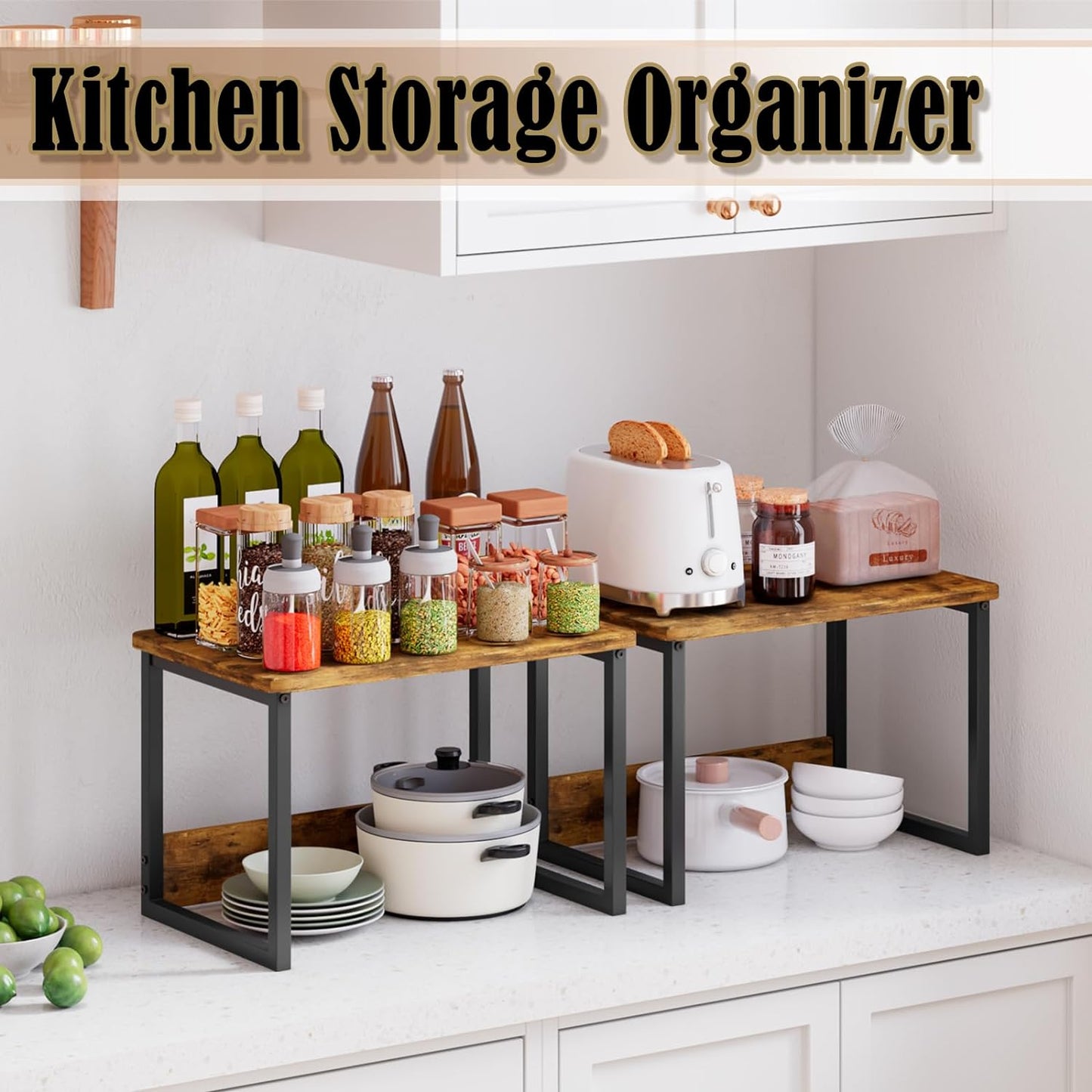 MARTY Kitchen Countertop Organizer Cabinet Shelf, 17x12.4 Large Spice Racks Counter Shelf Microwave Oven Rack Desktop Storage Organization for Kitchen, Office, Metal & Wood, Rustic Brown