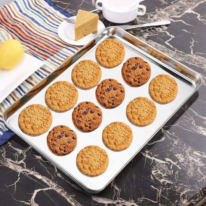 Wildone Baking Sheet & Rack Set [2 Sheets + 2 Racks], Stainless Steel Cookie Pan with Cooling Rack, Size 16 x 12 x 1 Inch, Non Toxic & Heavy Duty & Easy Clean