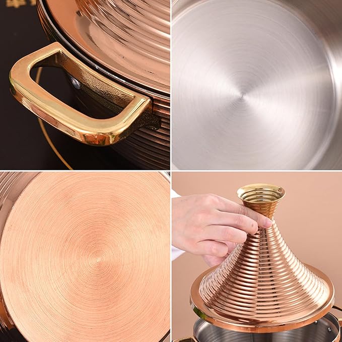 Moroccan Tagine Cooking Pot,Stainless Steel Non Stick Moroccan Casserole with 2 Handles,Large Moroccan Cooker Handmade Tagine Pot with Cone-Shaped Lid(23cm, Rose Gold)