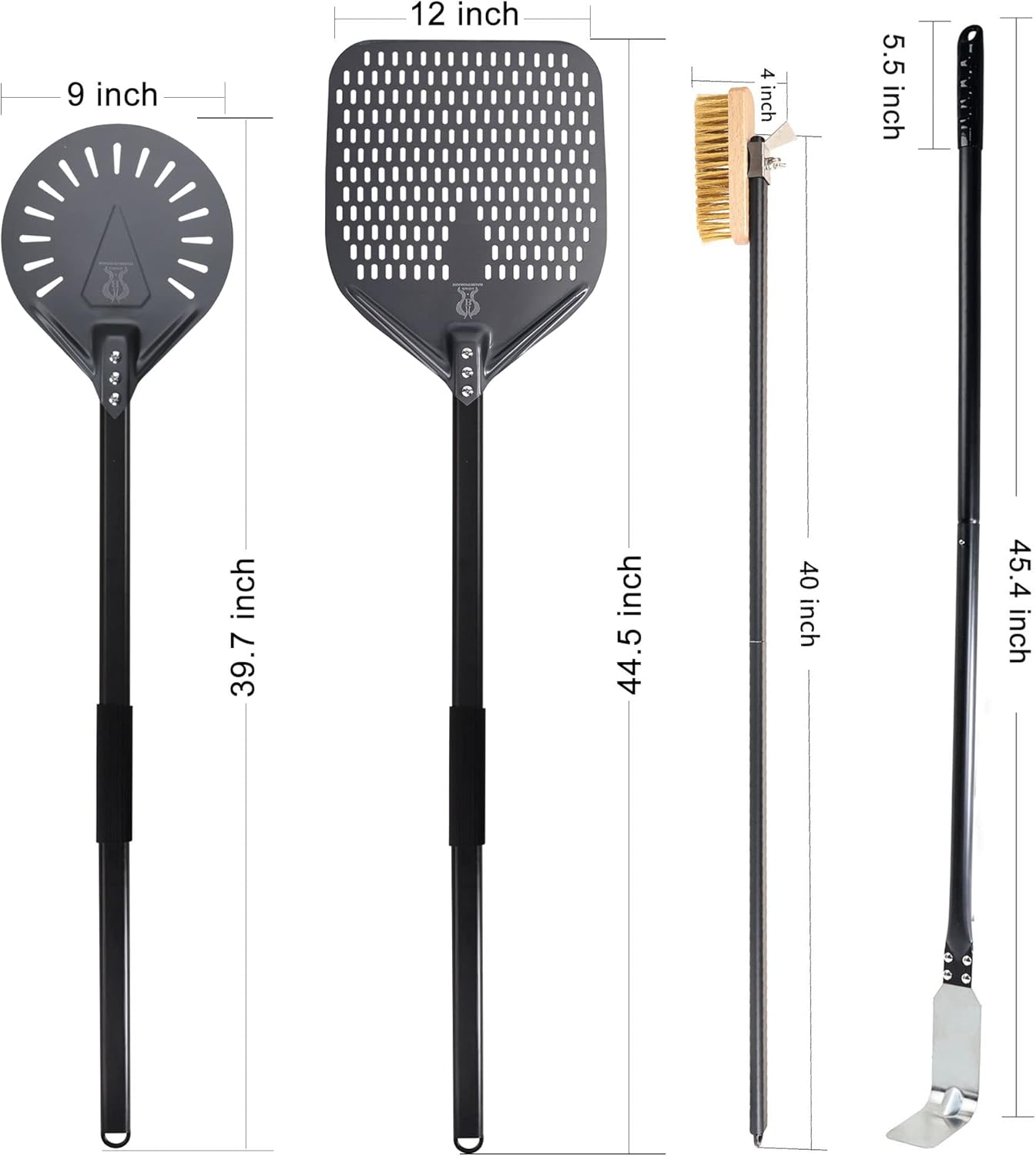 Pizza Turning Peel 9 Inch Perforated Pizza Peel and Pizza Brush Ash Rake 4 Piece Wood Fired Commercial Pizza Oven Utensil Kit with 40-Inch Aluminum Handle
