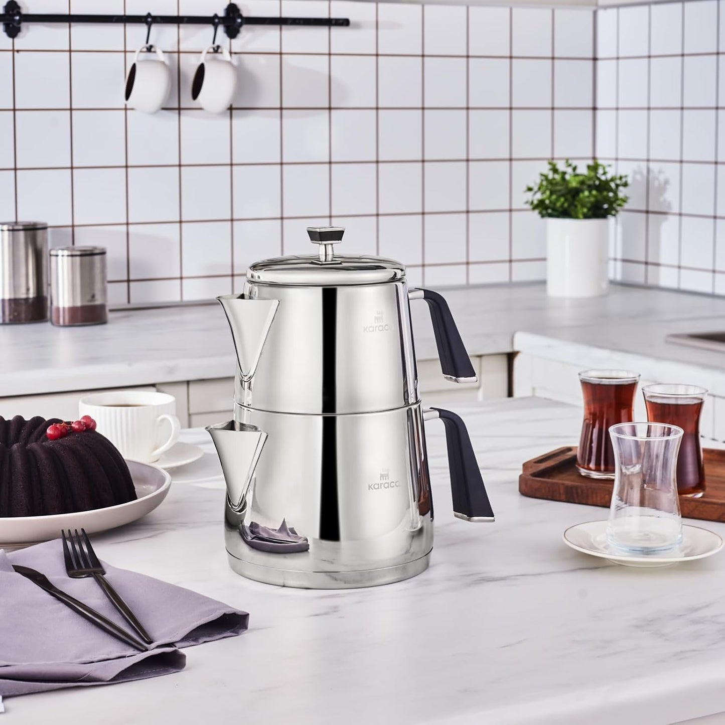 Karaca Fiona Stainless Steel Turkish Teapot Set XL, 1L Tea Pot & 2L Water Tank (Kettle), Stove Top/Induction Compatible, Elegant Silver Design, Easy to Clean, Non-Flammable Handles