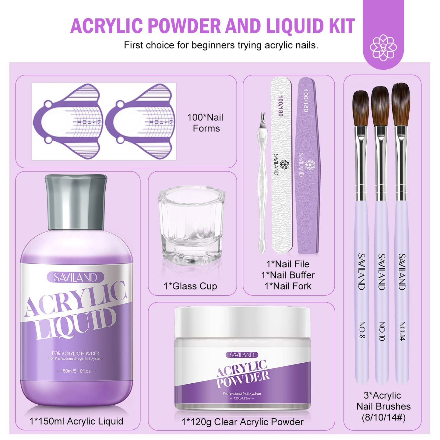 SAVILAND 9 OZ Acrylic Nail Kit - 4 OZ Clear Acrylic Powder and 5 OZ Acrylic Liquid with Acrylic Brush Nail Forms for Manicure Application Extension Nail Kit for Starters with Everything Home DIY Salon