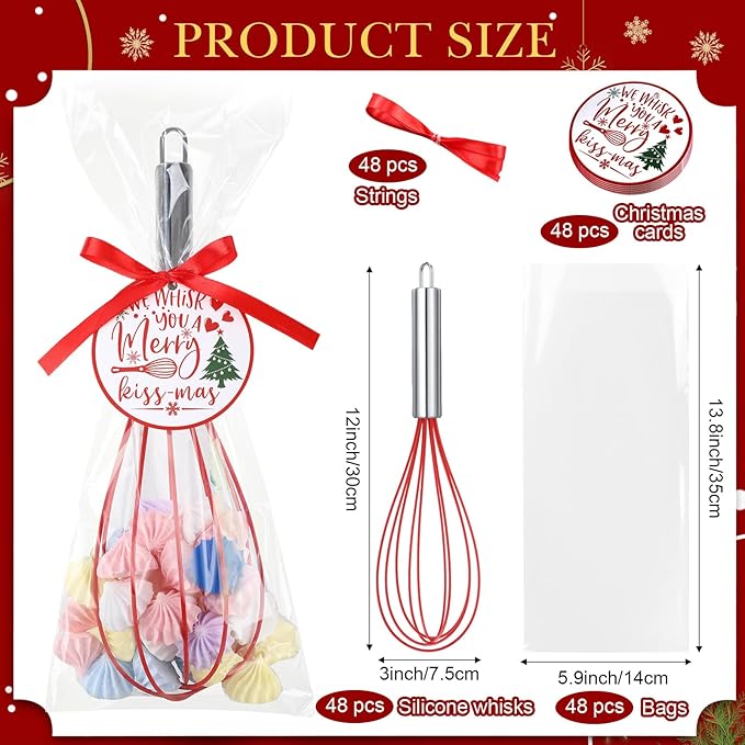 48 Sets 12 Inch Christmas Whisks Gifts DIY Fillable Christmas Tree Ornaments Xmas Colored Silicone Whisks for Cooking Heat Resistant Egg Beaters with Card Rope Bag for Candy Holder