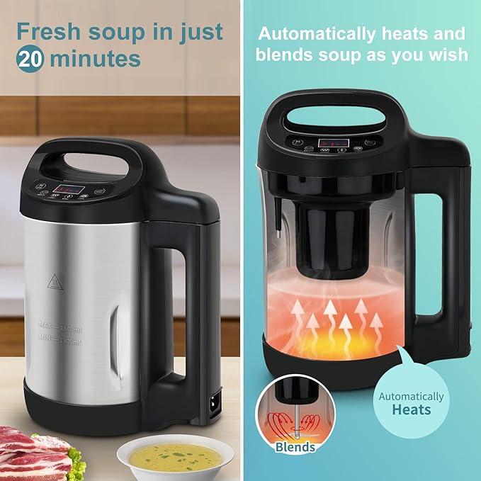 Soup Maker 1.6 L, 4 in 1 Multi-Funcation Soup and Smoothie Maker with Smart Control Panel, Stainless Hot Soup Maker Electric, Makes 2-5 Servings Living for Home Use Black