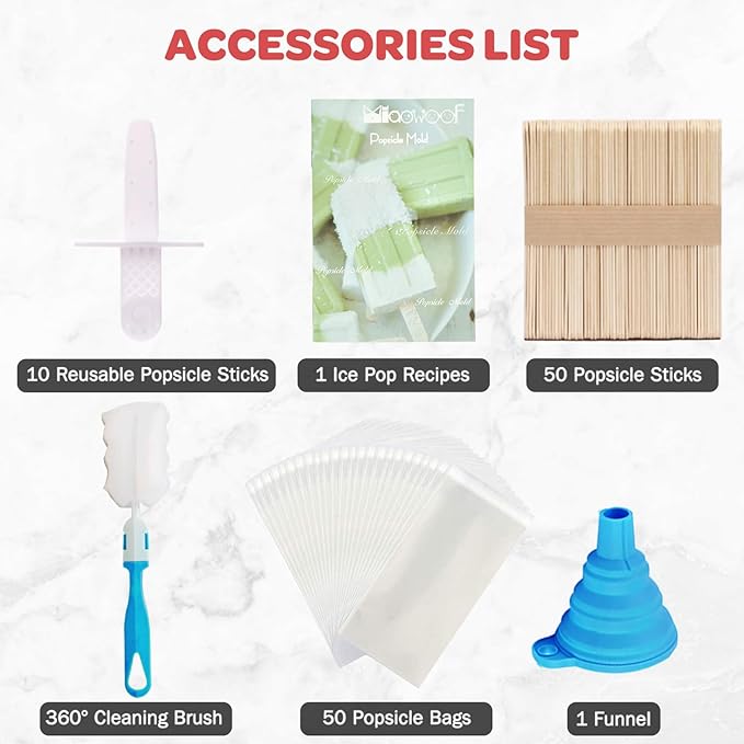 Miaowoof Homemade Popsicle Molds, 10-Cav Non-BPA Silicone Ice Pop Maker, with 50 Sticks, 50 Bags, 10 Reusable Sticks, Funnel, Brush and Ice Pop Recipe (White)