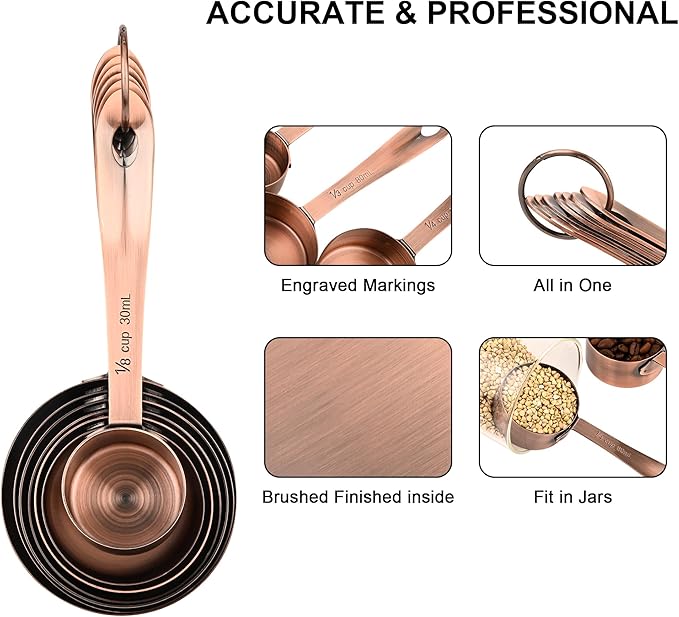 Smithcraft Measuring Cups Set, Copper Measuring Cup Set 7, Stainless Steel Measuring Cups, Kitchen Metal Measuring Cup, Dry Baking Measuring Cups Set, 1/8, 2/3 & 3/4 Heavy Duty Measure Cups for Food