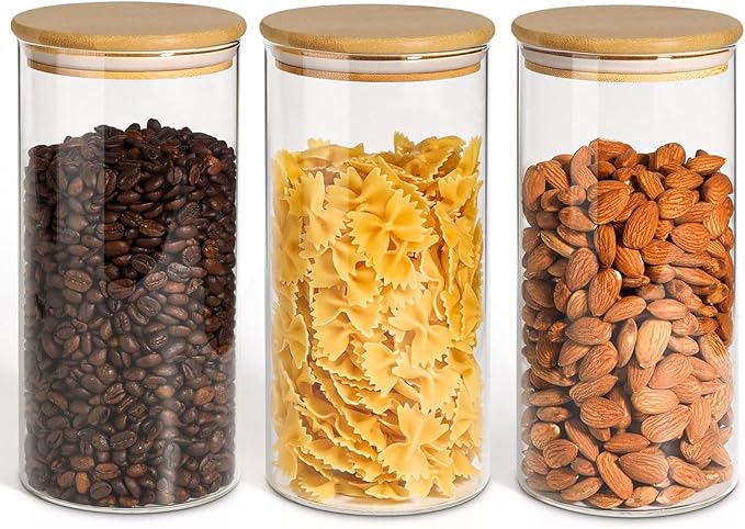 ComSaf Airtight Glass Storage Canister with Wood Lid(1.5 Qt), Set of 3 Glass Jars with Lids, Clear Food Storage Container Jar with Sealing Lids for Dry Food Cereal Oat Sugar Tea Coffee Beans, Round